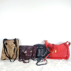 Bundle of 4 Vintage Bags Zebra Suede, Faux Crocodile, Woven & Red Valentina